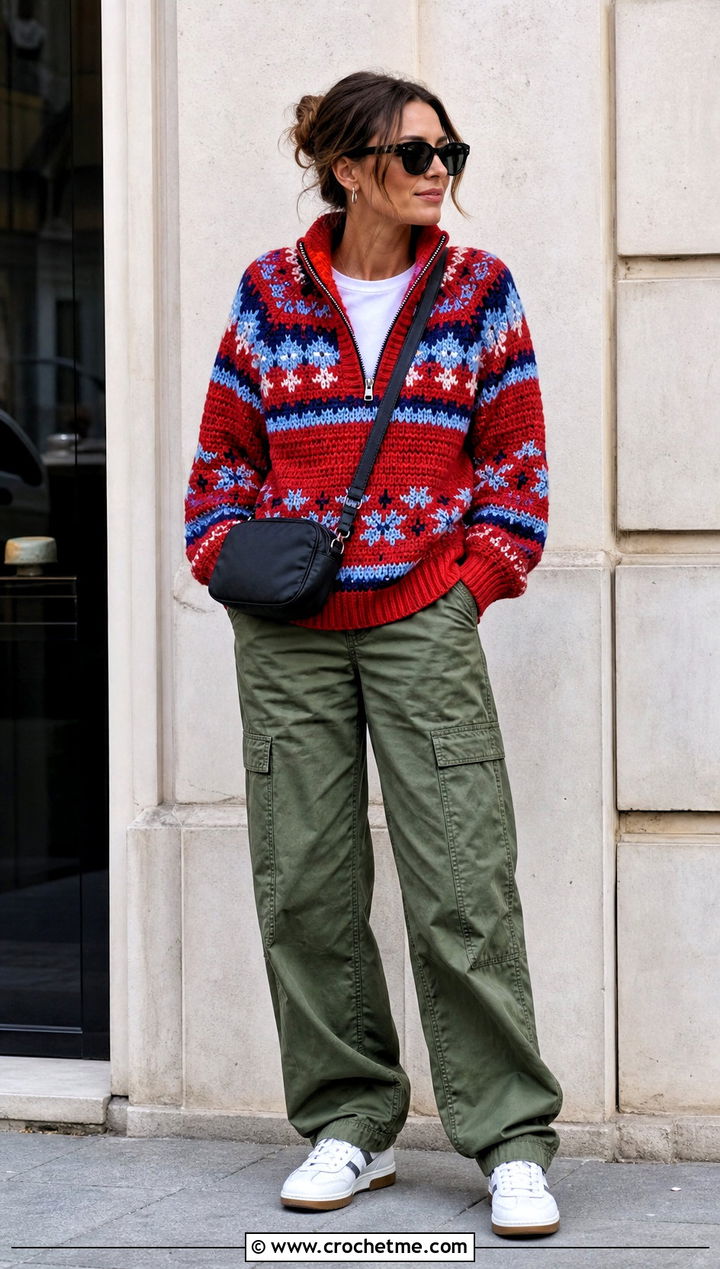 Zip Neck Fair Isle Crochet Sweater With Cargo Pants - 25 fair isle crochet sweater outfit ideas