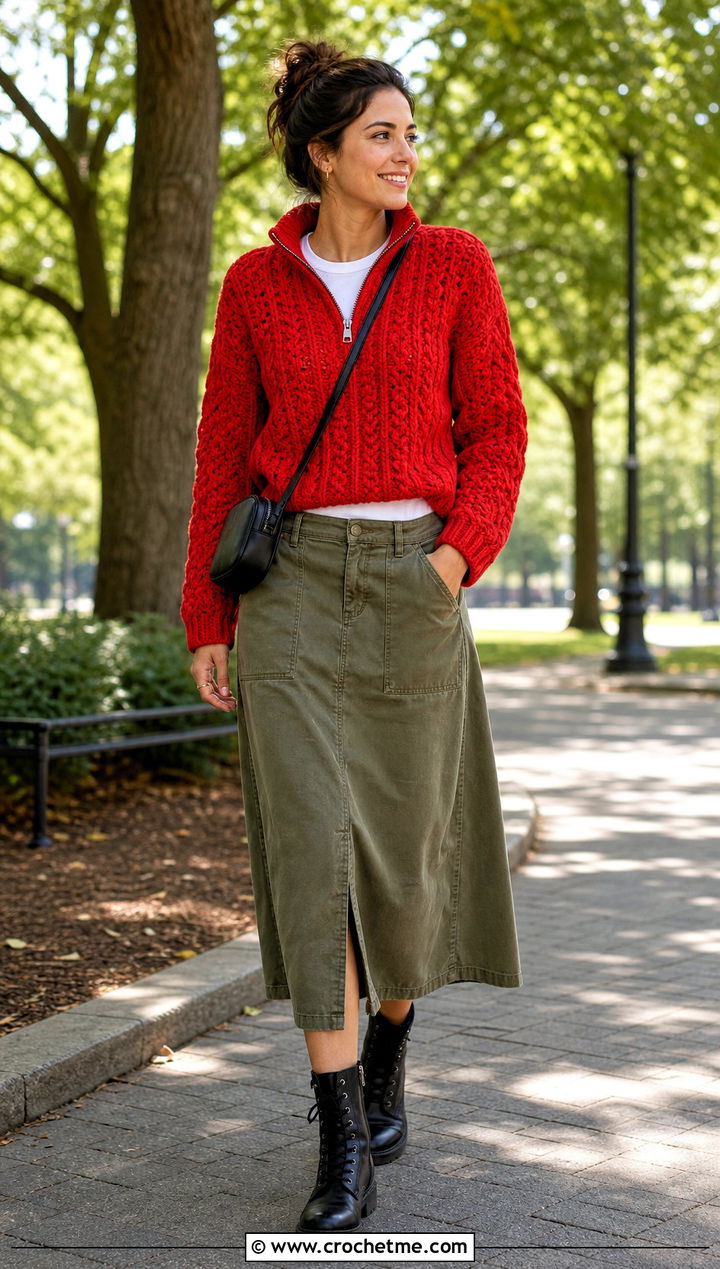 Zip Neck Fisherman Irish Sweater With Utility Skirt - 25 Crochet Irish Sweater outfit ideas