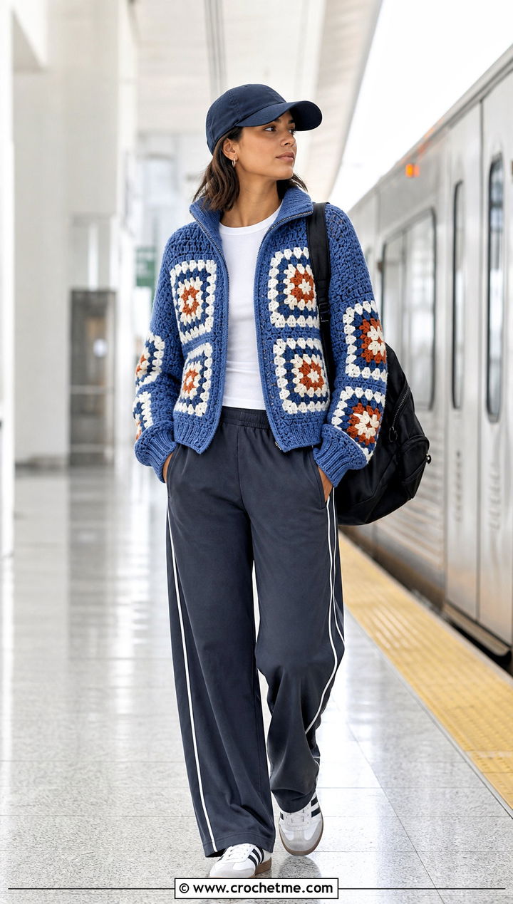 Zip Neck Large Granny Square Sweater With Track Pants - 35 large granny square sweater outfit ideas