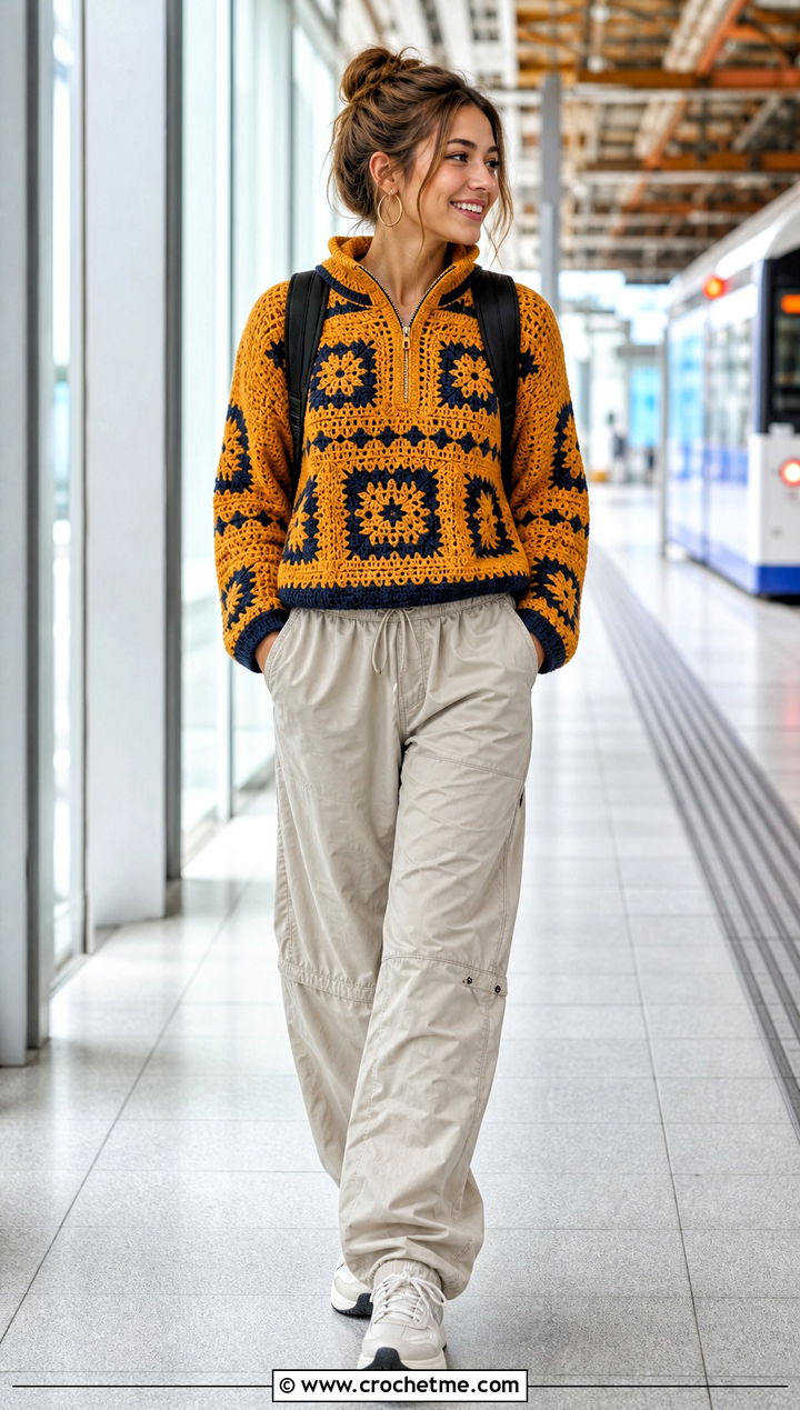 Zip Neck Mosaic Crochet Sweater With Parachute Pants - 25 Mosaic Crochet Sweater outfit ideas