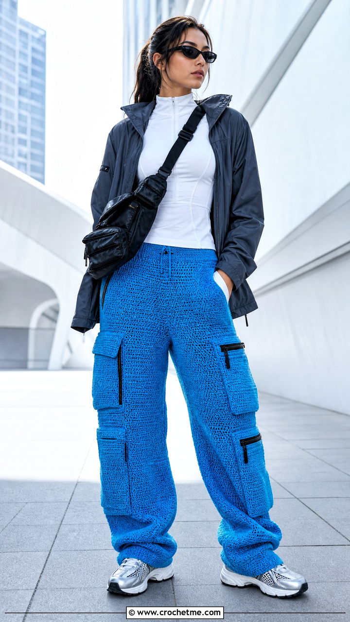 Zip Pocket Crochet Cargo Pants With Shell Jacket - 35 crochet cargo pants outfit ideas