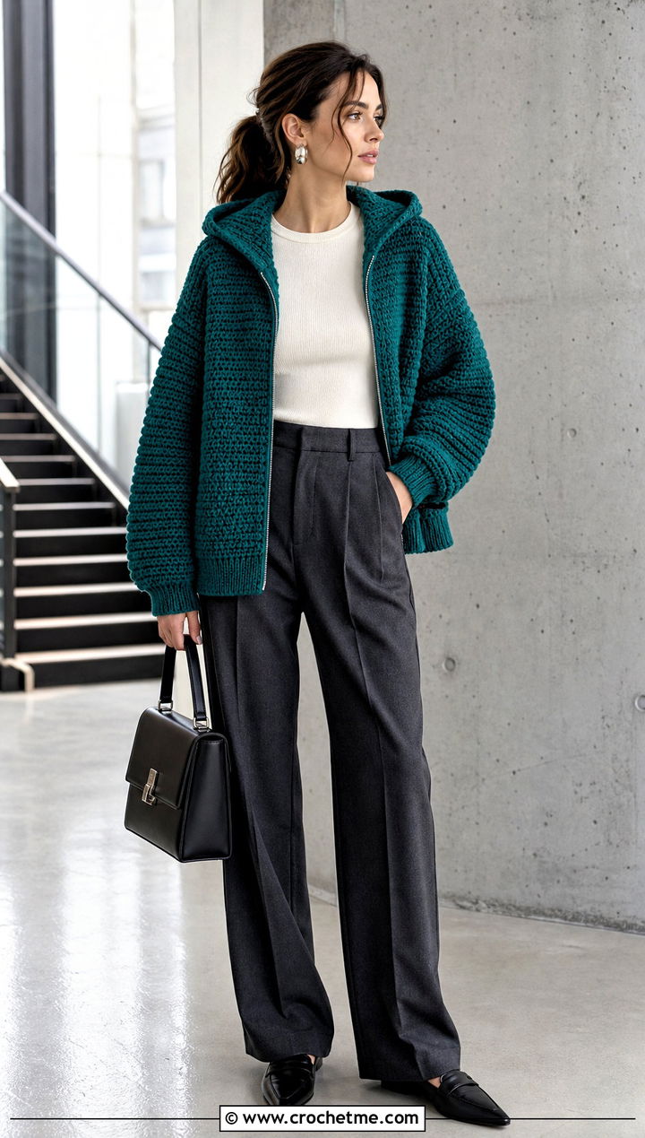 Zip Up Chunky Crochet Hoodie With Tailored Trousers - 25 crochet chunky hoodie outfit ideas