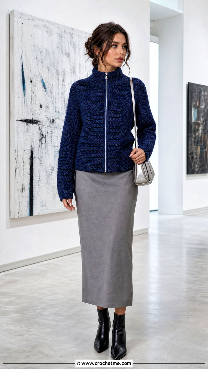 Zip Up Crochet Cardigan With Column Skirt - 35 crochet cardigans outfit ideas