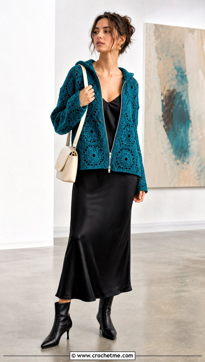 Zip Up Crochet Hexagon Hoodie With Slip Dress - 30 crochet hexagon hoodie outfit ideas