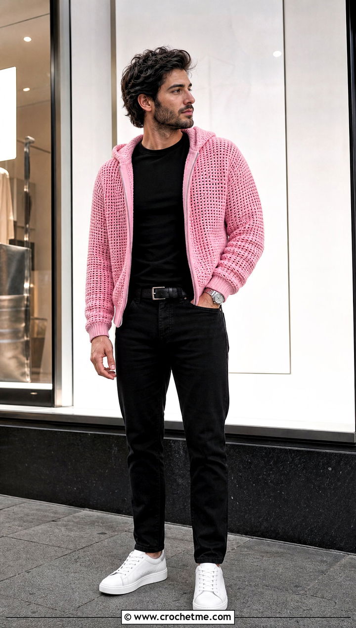 Zip Up Crochet Hoodie With Black Jeans - 30 crochet mens hoodie outfit ideas
