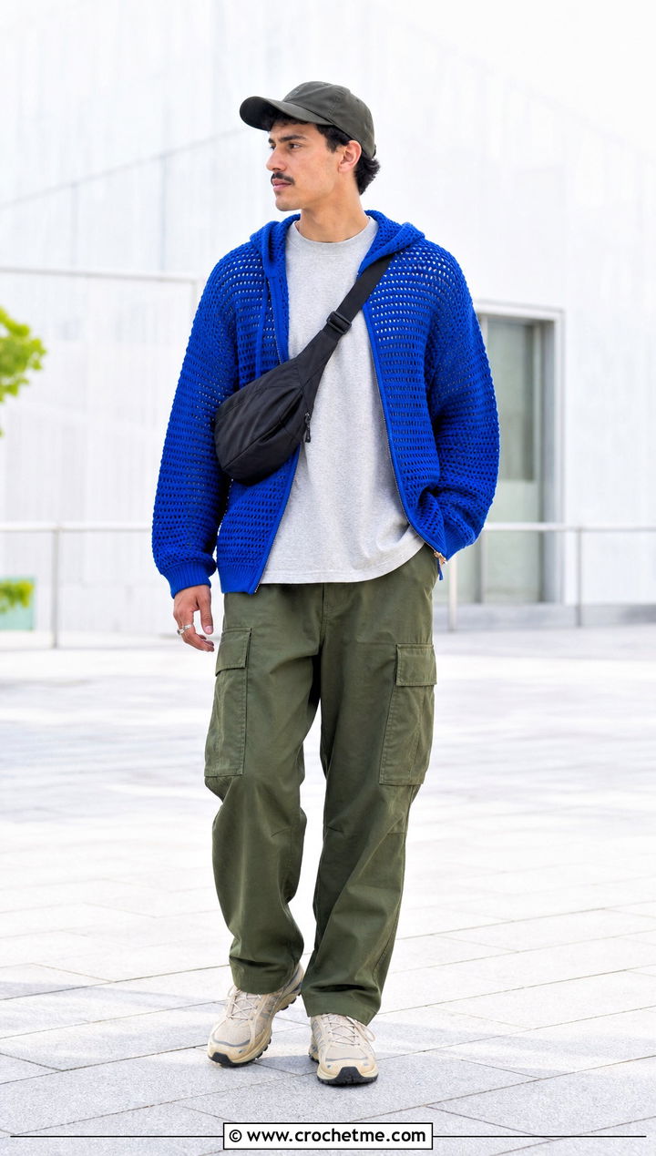 Zip Up Crochet Hoodie With Cargo Pants - 35 crochet hoodie for men outfit ideas