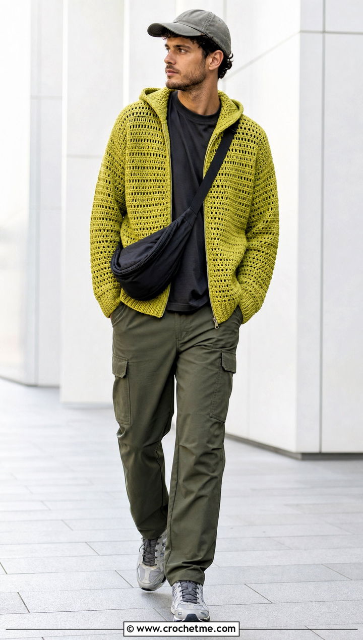 Zip Up Crochet Hoodie With Cargo Pants - 30 Crochet Hoodies For Men outfit ideas