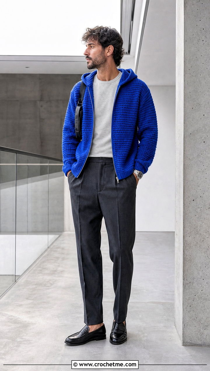 Zip Up Crochet Hoodie With Tailored Trousers - 25 Crochet Hoodie Men outfit ideas
