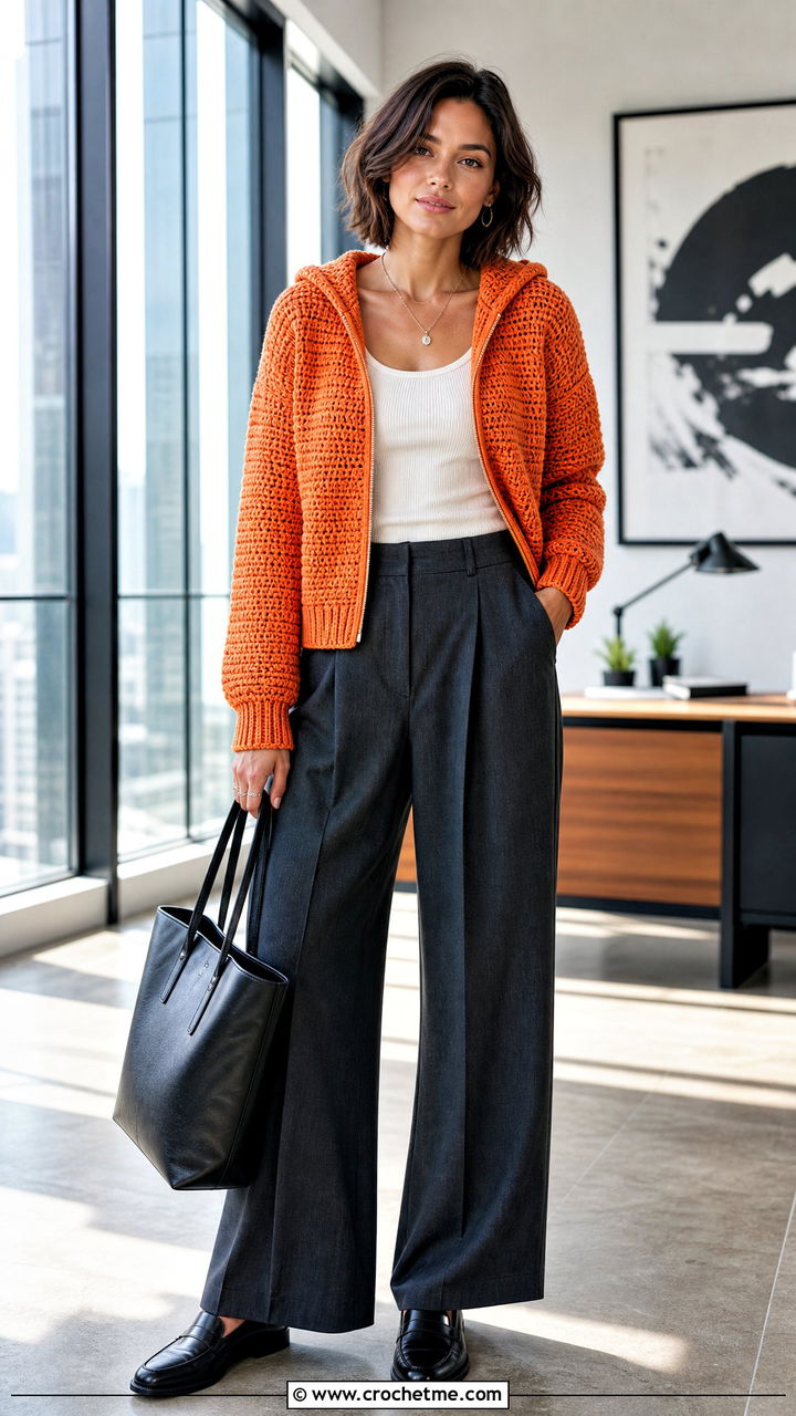 Zip Up Crochet Hoodie With Tailored Trousers - 35 crochet hoodie outfit ideas