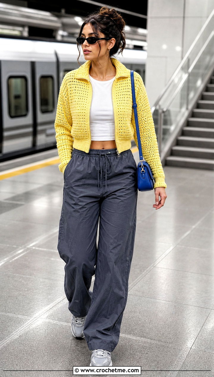 Zip Up Crochet Jacket With Parachute Pants - 20 Crochet Ladies Jacket outfit ideas