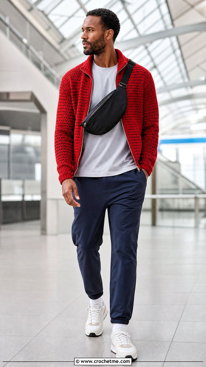 Zip Up Crochet Jacket With Track Pants - 35 crochet jacket for men outfit ideas