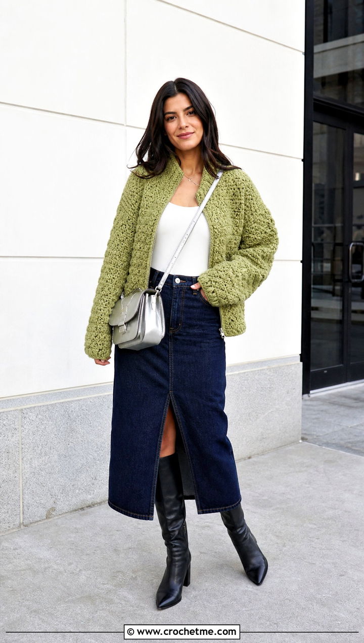 Zip Up Crochet Sweater Jacket With Denim Midi Skirt - 20 Crochet Sweater Jacket outfit ideas
