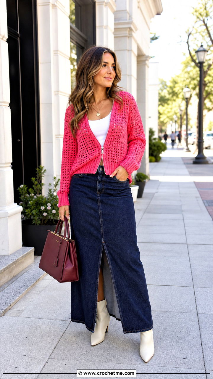 Zip Up Crochet Sweater With Denim Maxi Skirt - 35 easy crochet sweater outfit ideas
