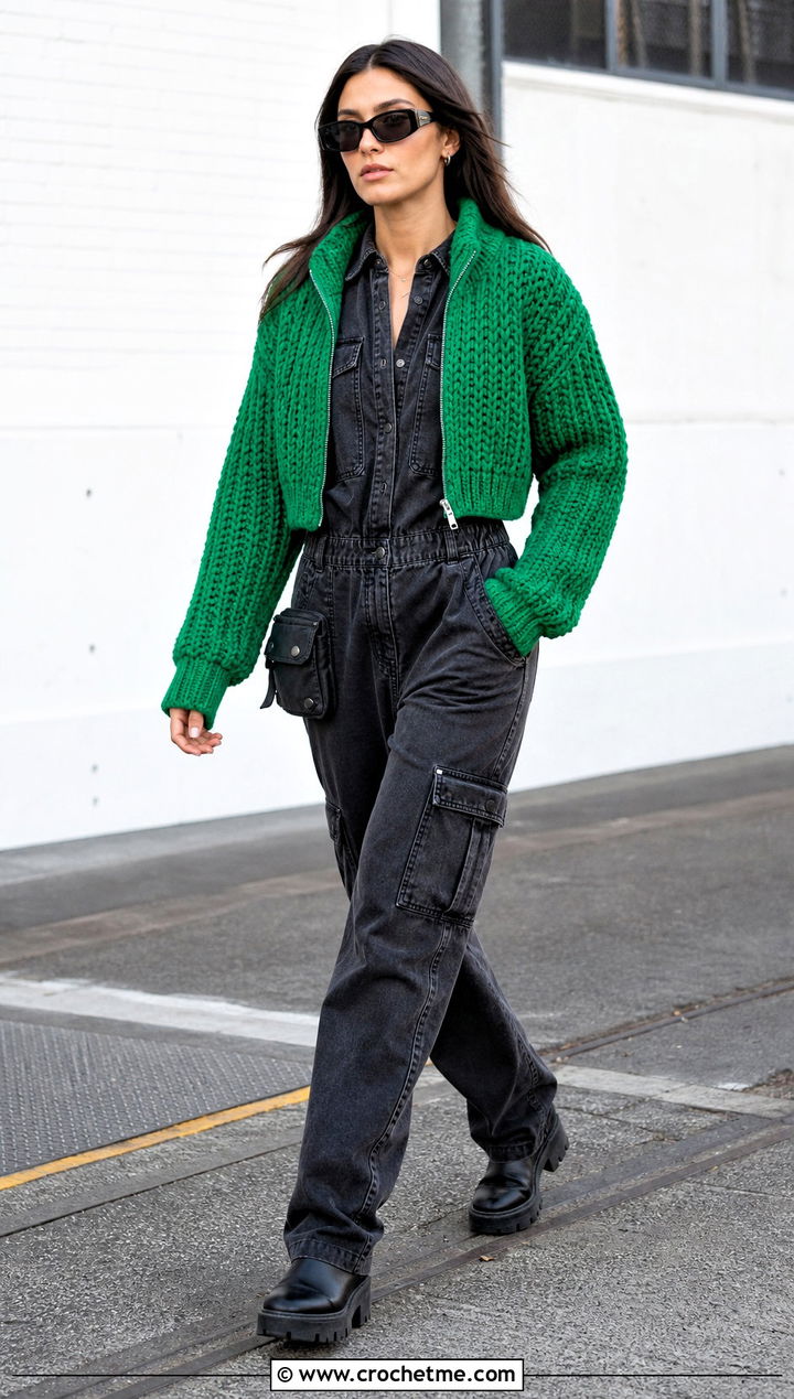 Zip Up Crochet Sweater With Utility Jumpsuit - 25 alt crochet sweater outfit ideas