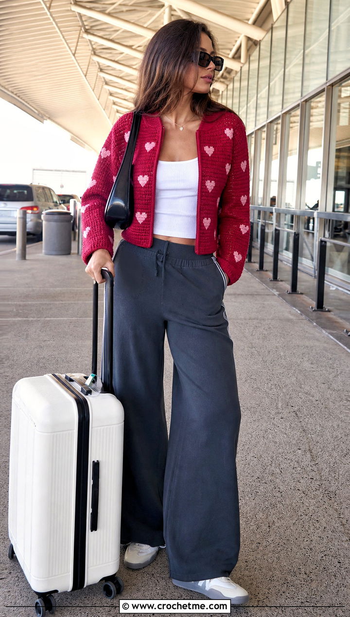 Zip Up Crochet Valentine Cardigan With Track Pants - 25 crochet valentine sweater outfit ideas