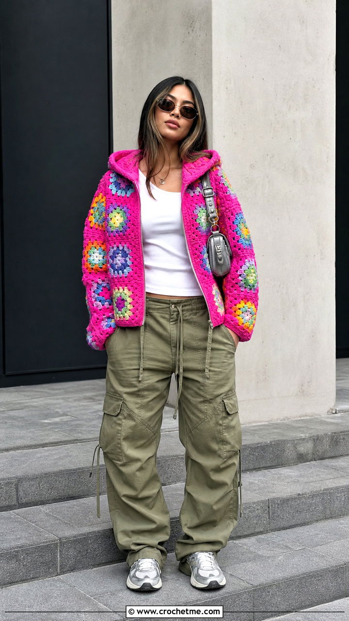 Zip Up Granny Square Hoodie With Cargo Pants - 35 granny square hoodie outfit ideas