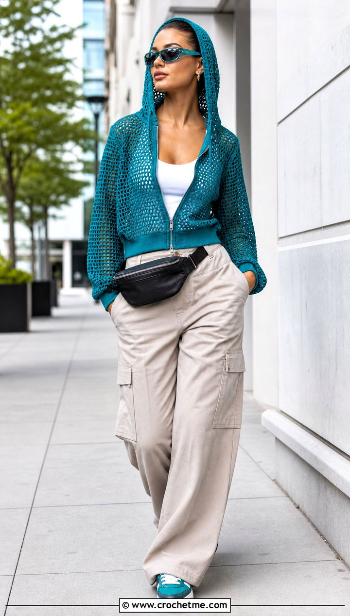Zip Up Mesh Crochet Hooded Sweater With Cargo Pants - 30 crochet hooded sweater outfit ideas