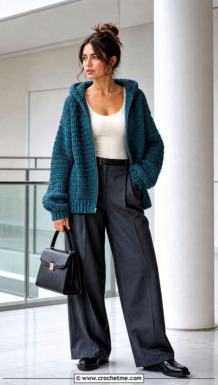 Zip Up Oversized Crochet Hoodie With Wide Leg Trousers - 20 oversized crochet hoodie outfit ideas