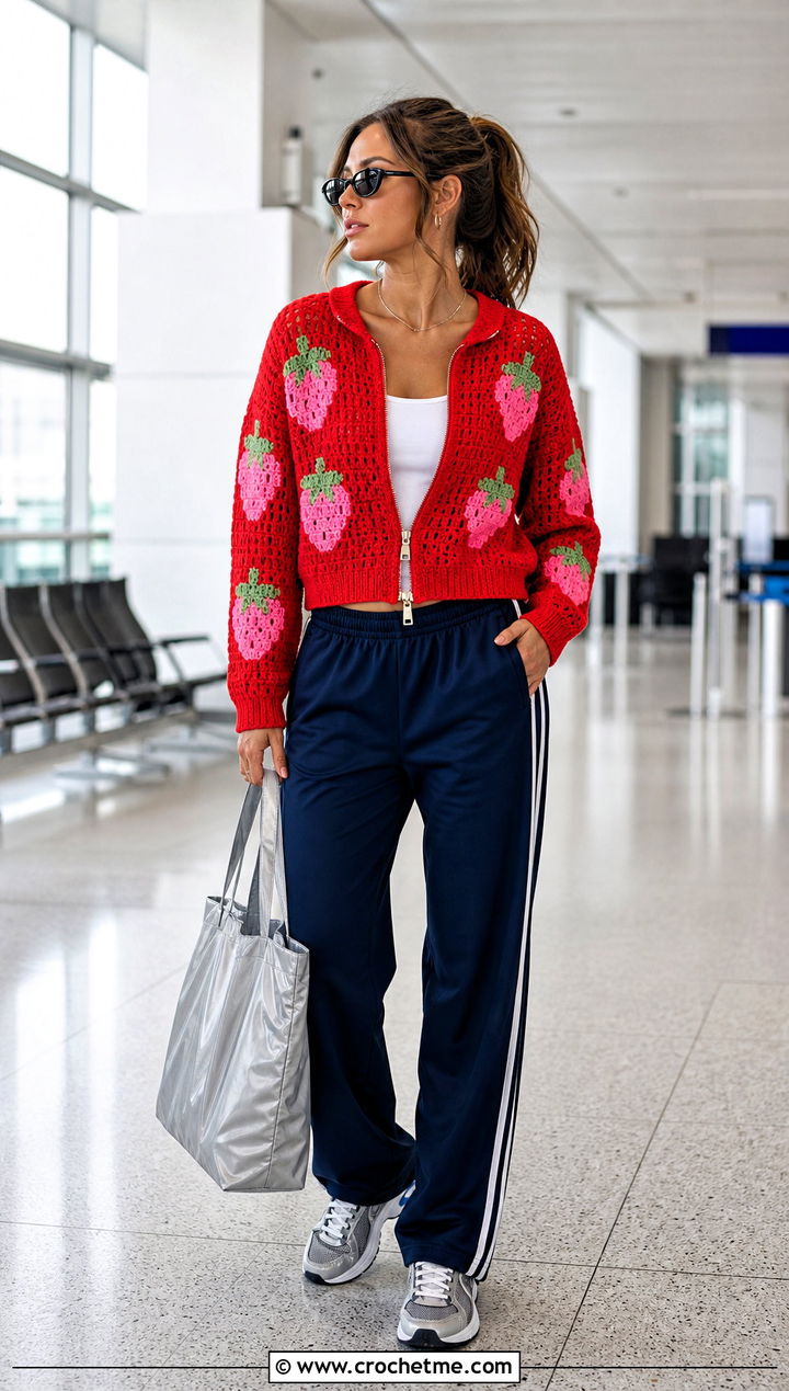 Zip Up Strawberry Crochet Sweater With Track Pants - 15 Strawberry Crochet Sweater outfit ideas