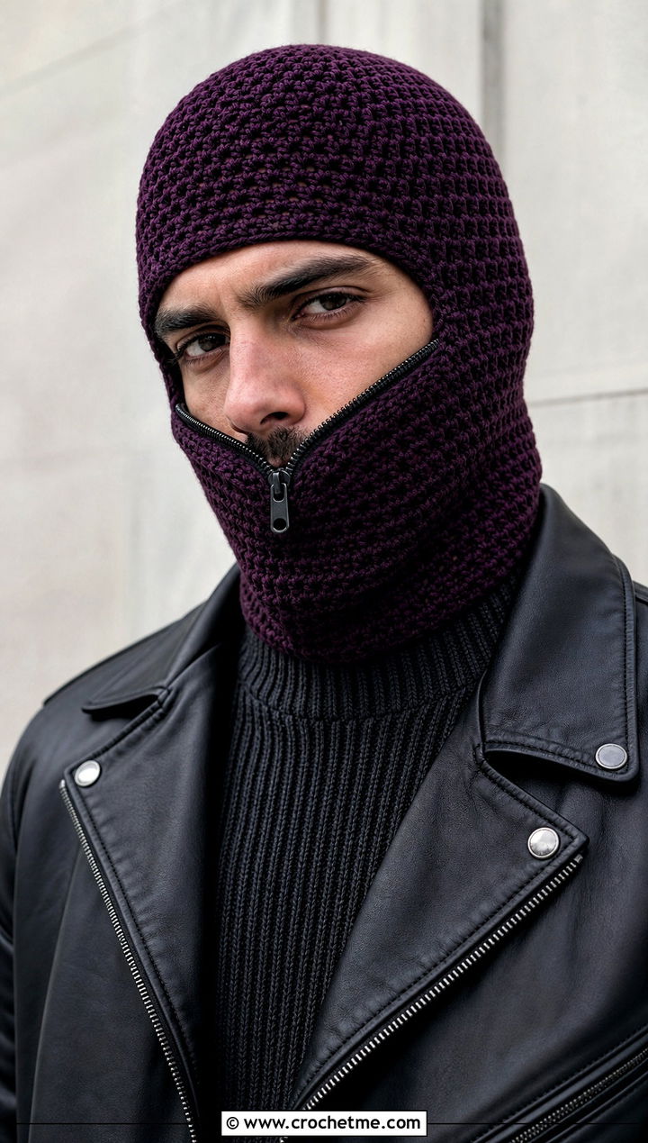 Zipper Front Crochet Balaclava With Moto Jacket - 30 crochet balaclava for men outfit ideas