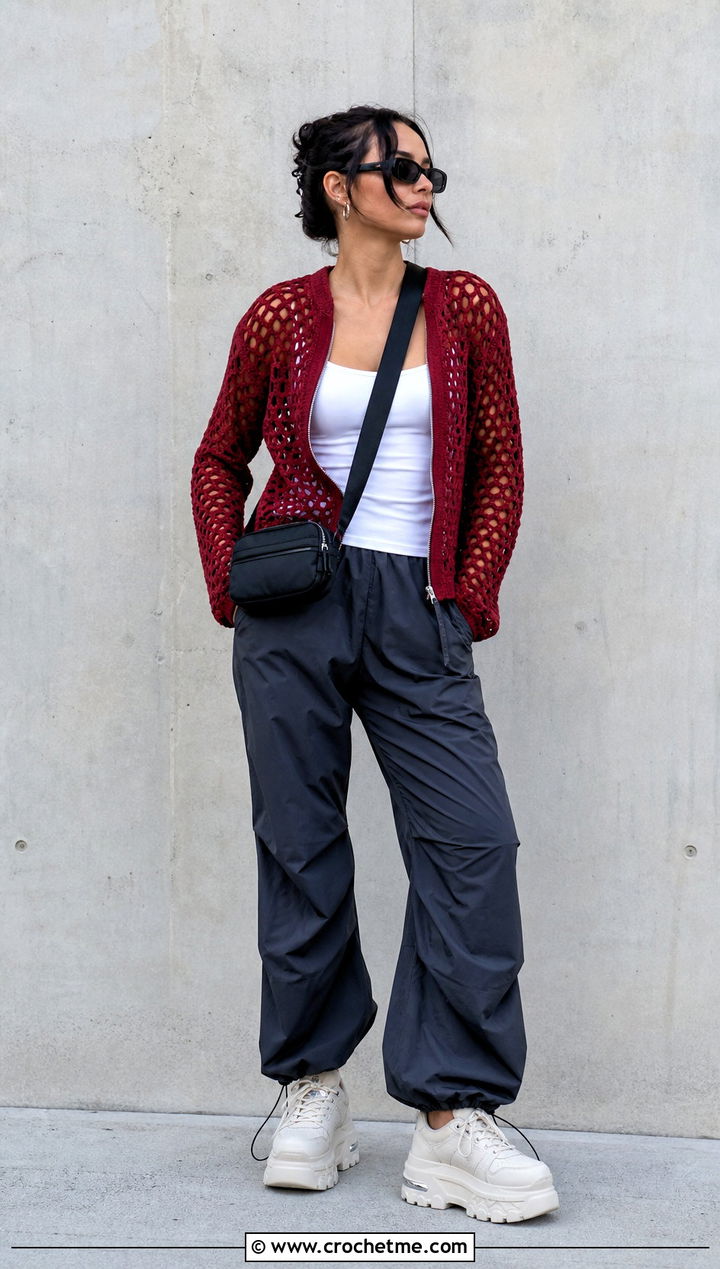 Zippered Hexi Crochet Cardigan With Parachute Pants - 35 hexi crochet cardigan outfit ideas