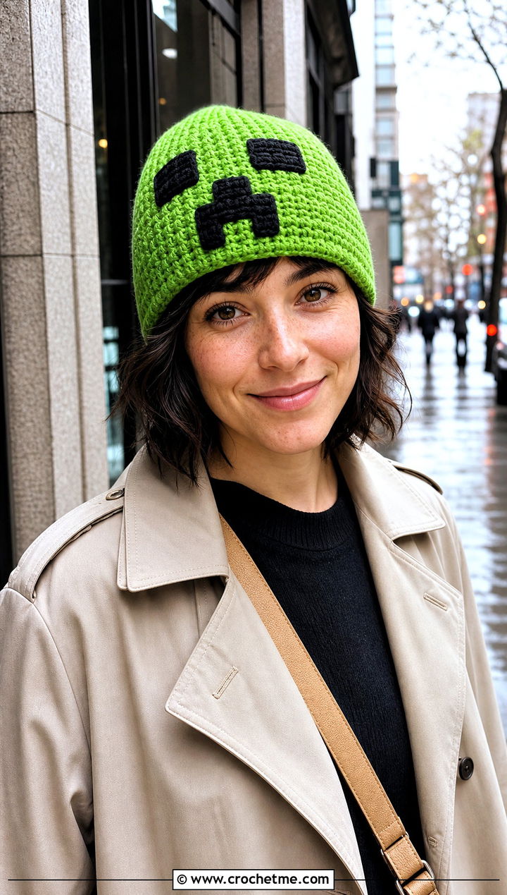 Zombie Crochet Beanie With Trench Coat - 20 Minecraft Crochet Hat outfit ideas