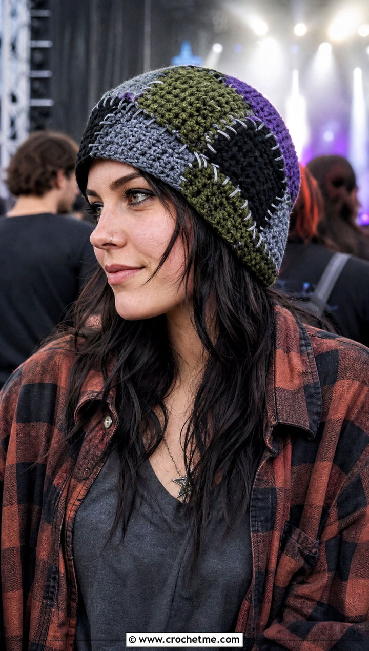 Zombie Patchwork Beanie With Flannel Shirt - 25 Halloween Crochet Beanies outfit ideas